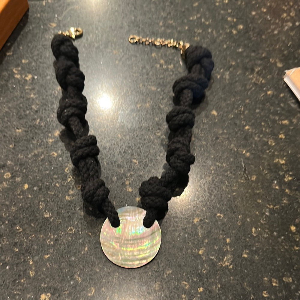 Anthropologie Black Knotted Necklace with Iridescent Pendant
